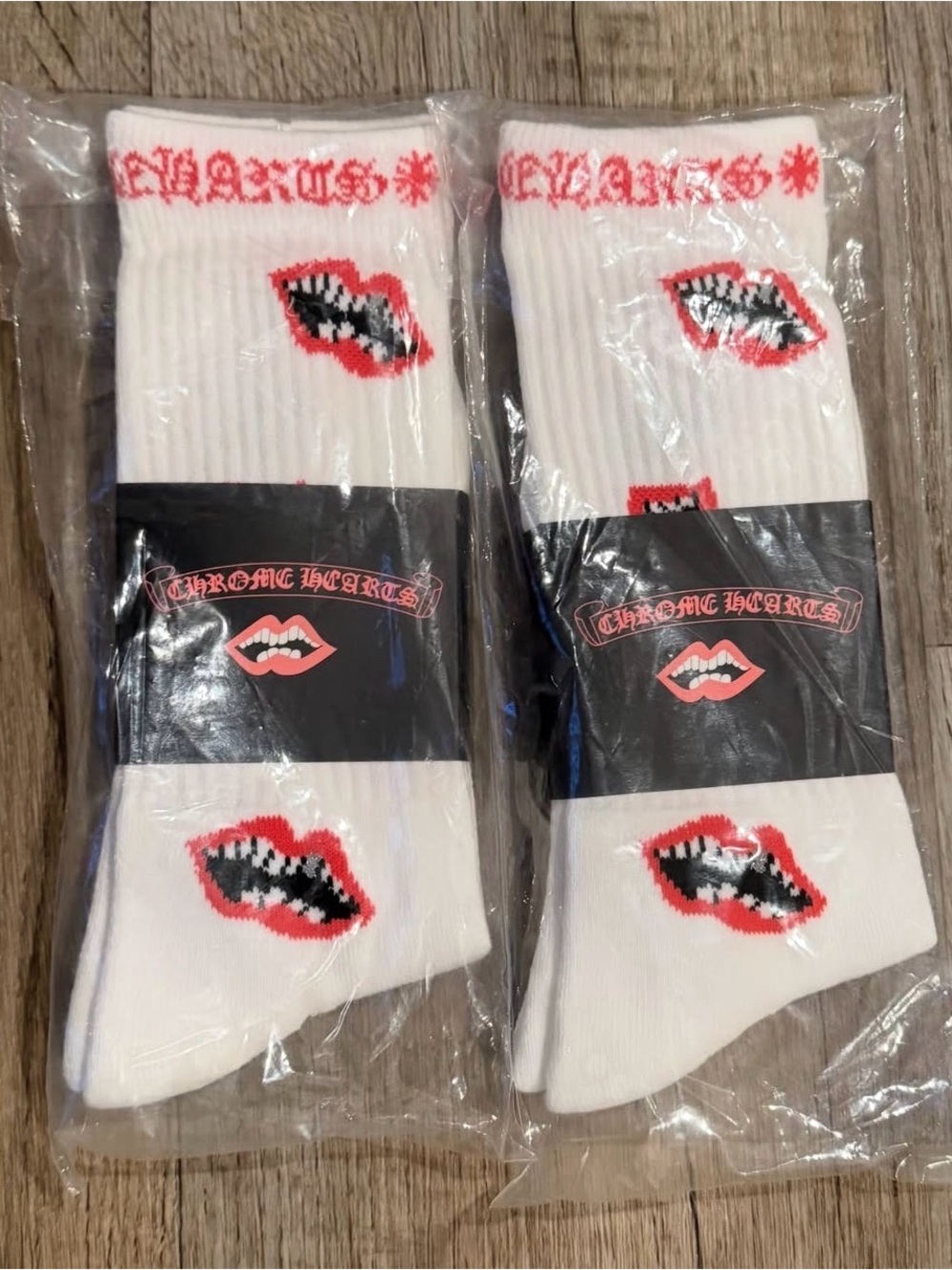 Chrome Hearts White Crew Socks with Red & Black Lip Motif